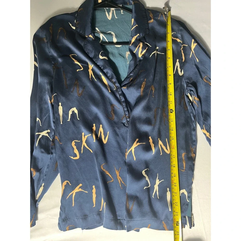 SKIN Silk Pajama Set Size 2 Medium Blue Printed Button Front Lounge Sleepwear‎